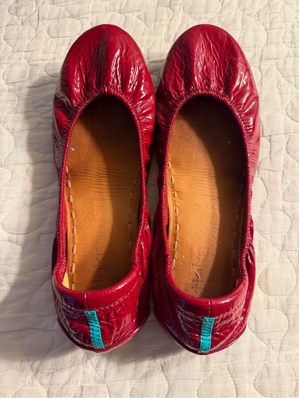 Tieks Red Patent Ballet Flats with Teal Heel Tab